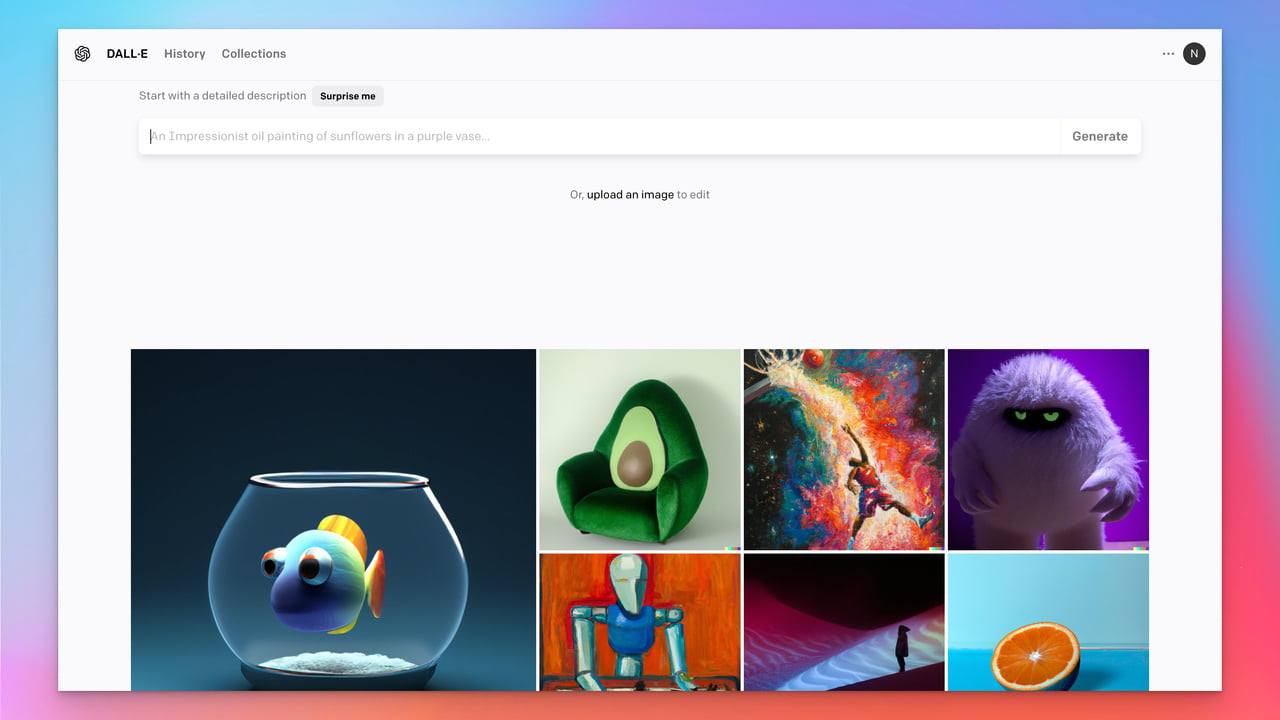 Homepage of DALL-E with a search bar and featured images created by the tool