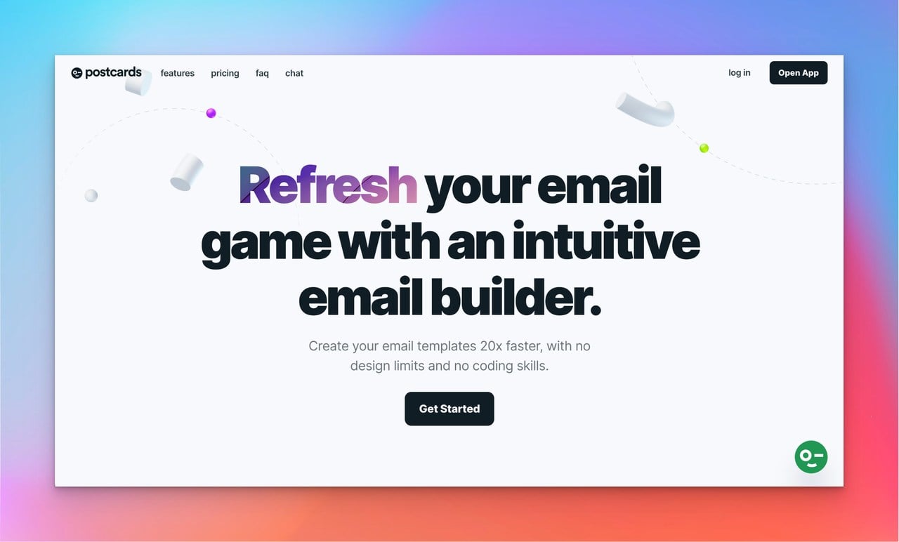 Postcards email builder Business AI tool homepage followed by a title that says "Refresh your email game with an intuitive email builder" and a call to action