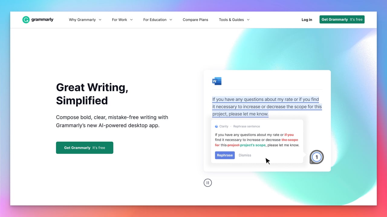 Grammarly's homepage with the headline on the left and an image of the tool on the right showing it in action