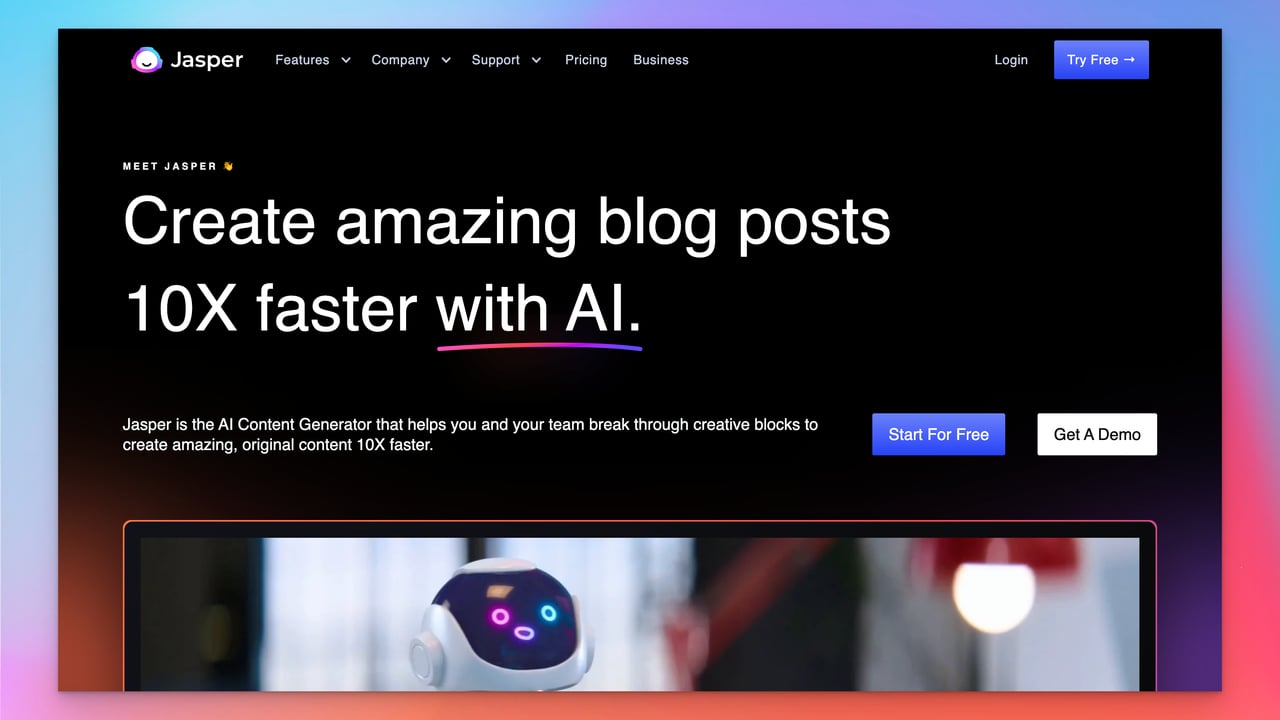 Jasper ai's homepage with the headline on a black background followed by two buttons and image of a robot with a blurred background