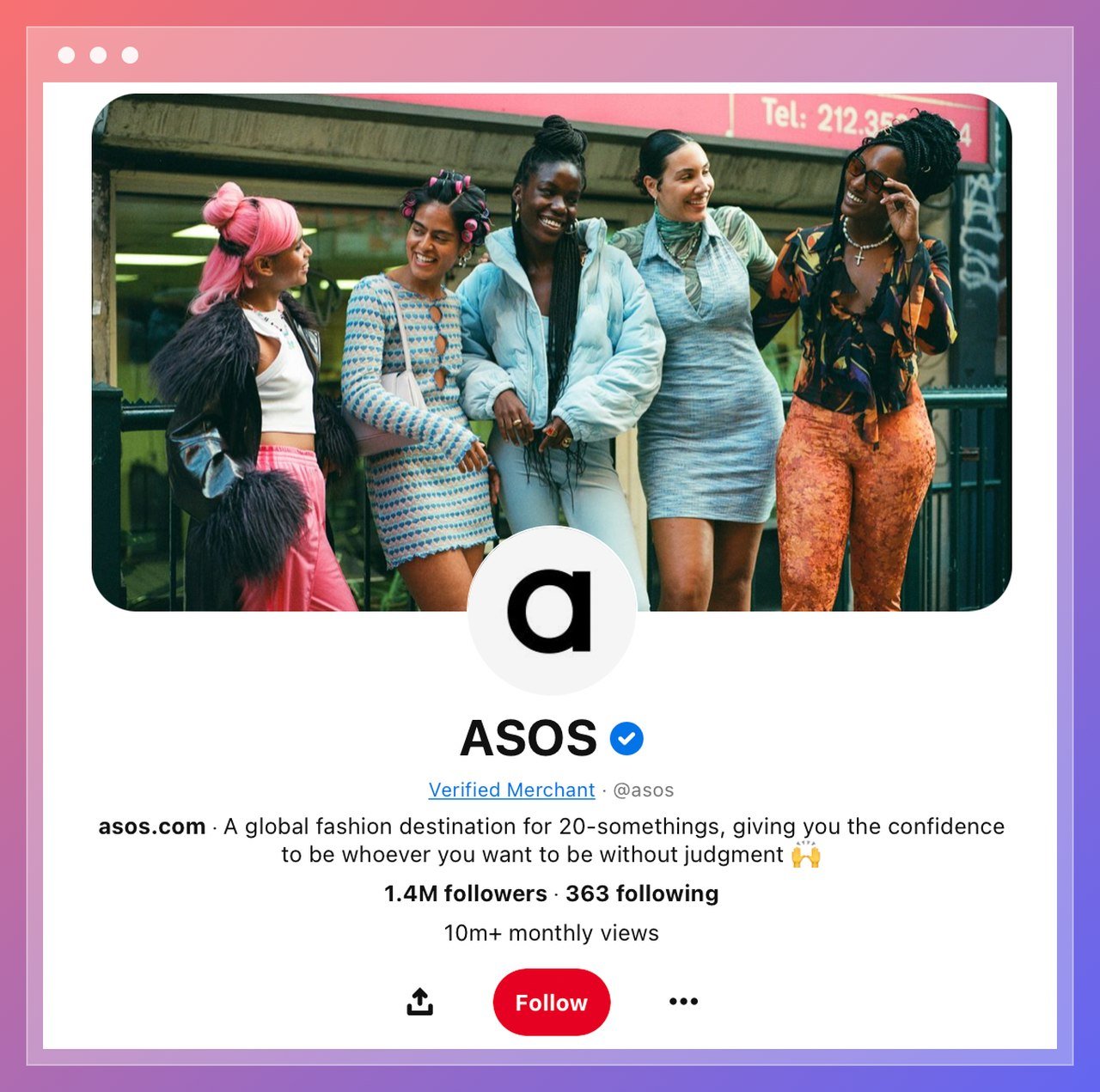 the screenshot of Asos Pinterest profile showing profile info and featuring 5 women happily standing next to each other, some cuddling