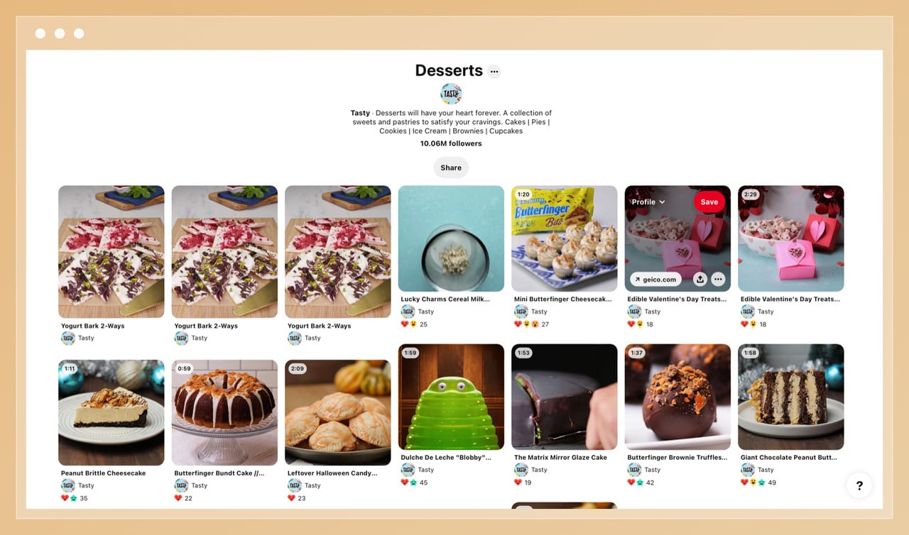 the screenshot of a Pinterest board by Tasty showing different kind of desserts including video pins as well