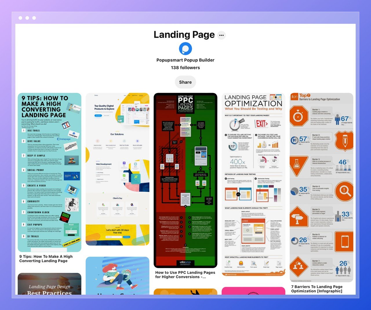 pinterest board of popupsmart showing landing page information