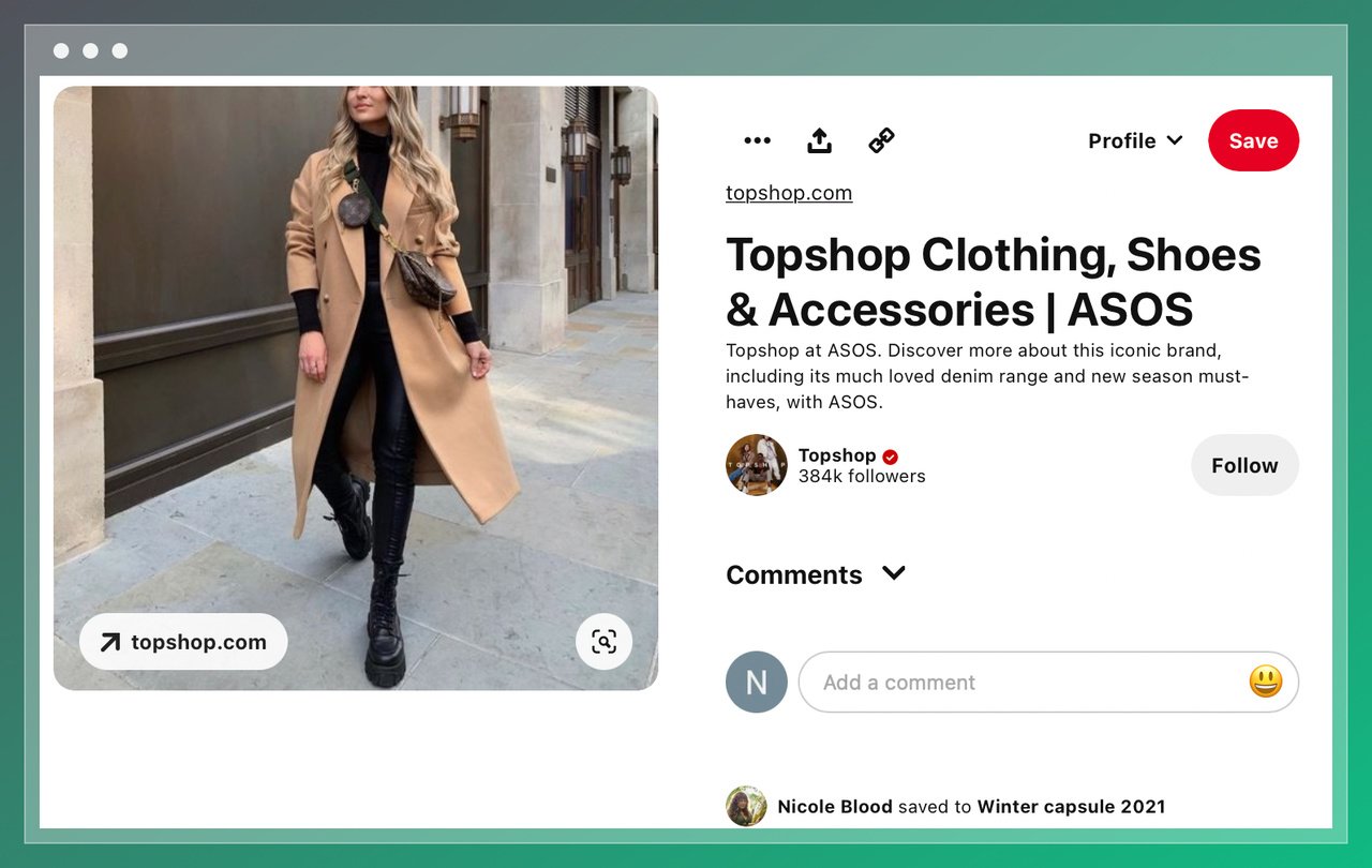 the screenshot of Topshop's Pinterest post featuring a woman on the left wearing a brown coat, black leather trousers, black boots and a bag