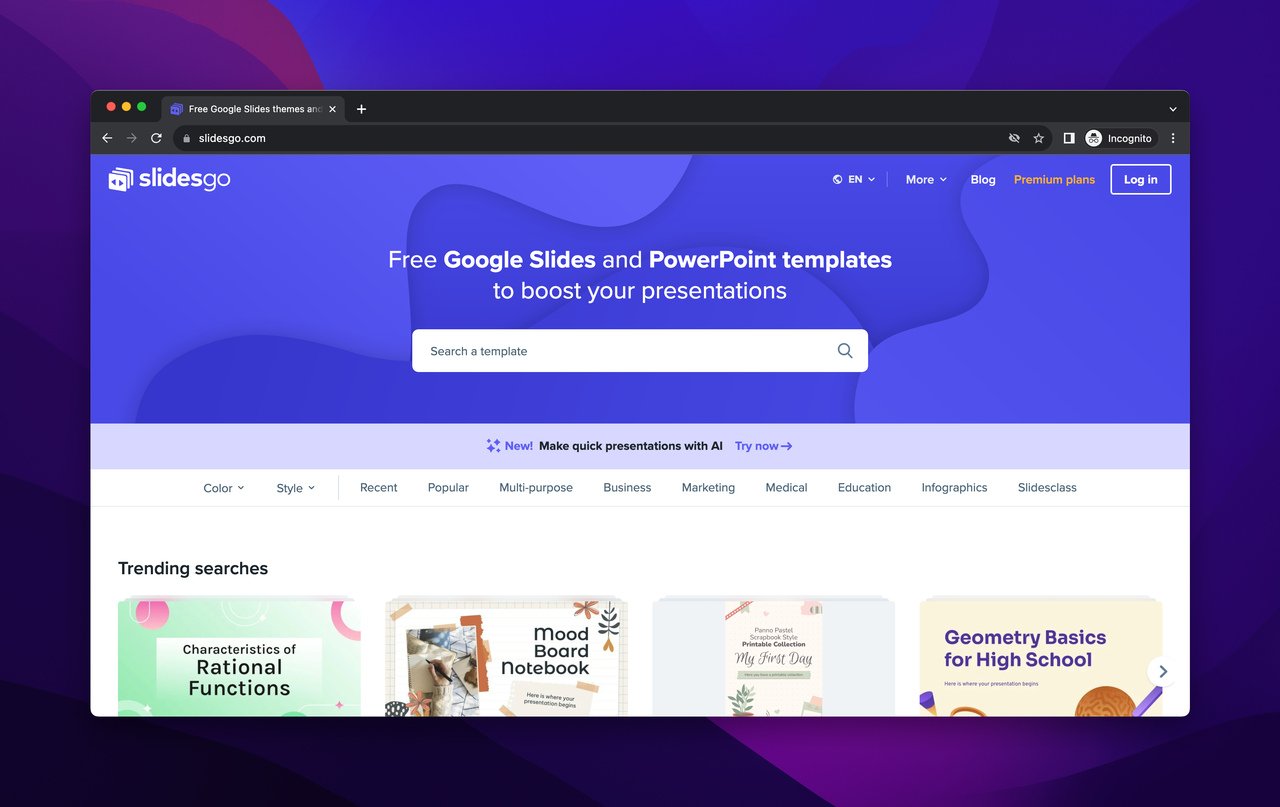 Slidesgo's homepage displaying the templates and a search bar