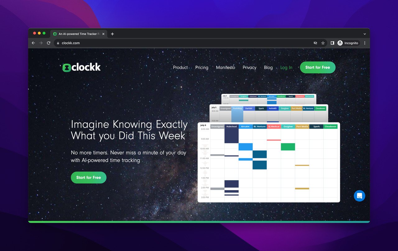 the homepage of Clockk which is a time management AI tool