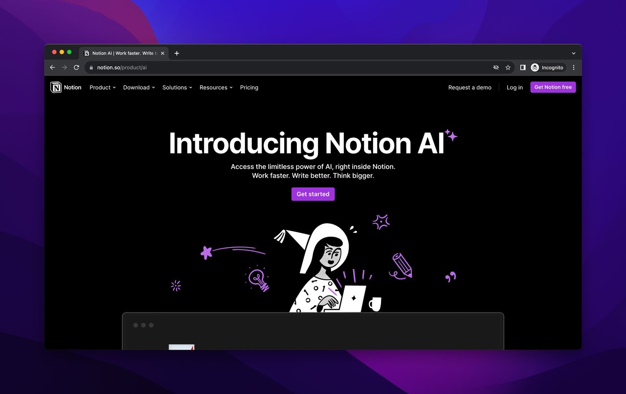 Notion AI page with moving figure on a blue background that represents Notion itself as a whole