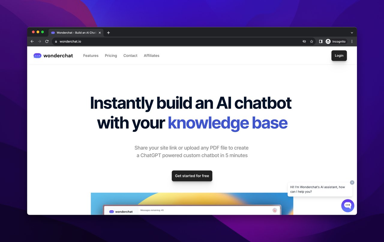 the homepage of Wonderchat, which is an AI chatbot tool