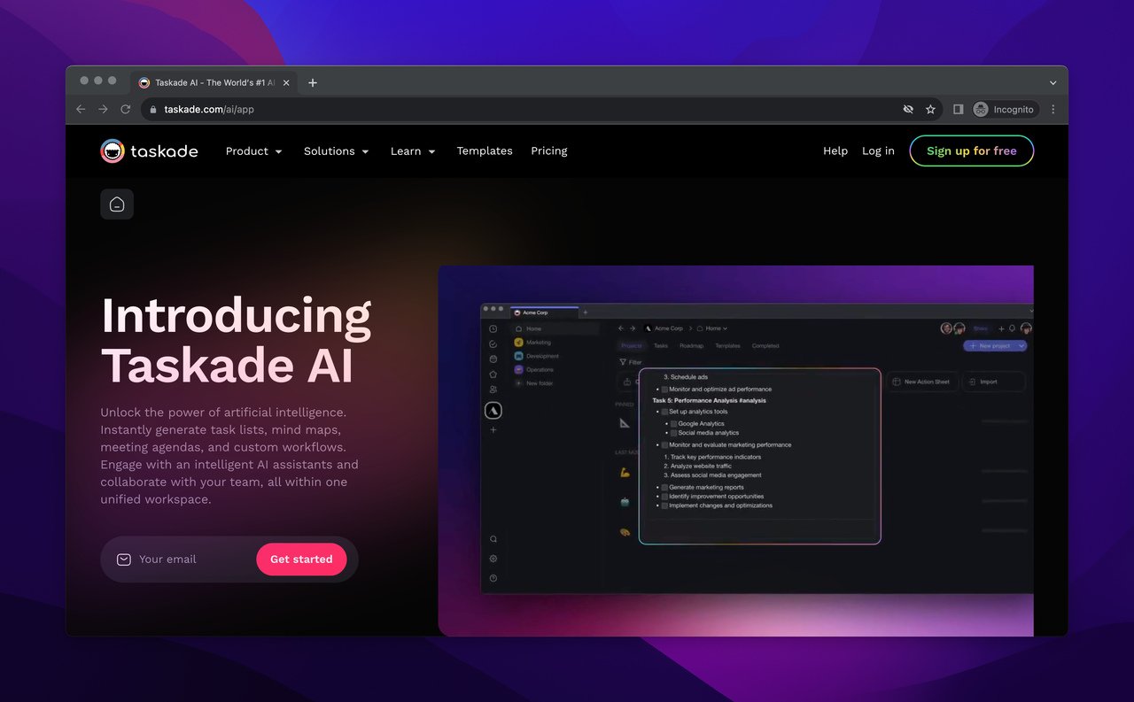 the homepage of Taskade AI with a dark and effective design