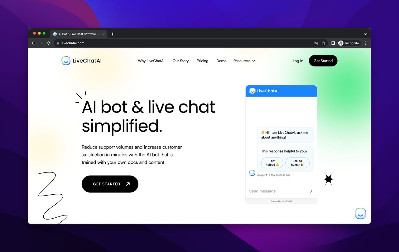 LiveChatAI homepage with a clear explanation on above-the-fold part