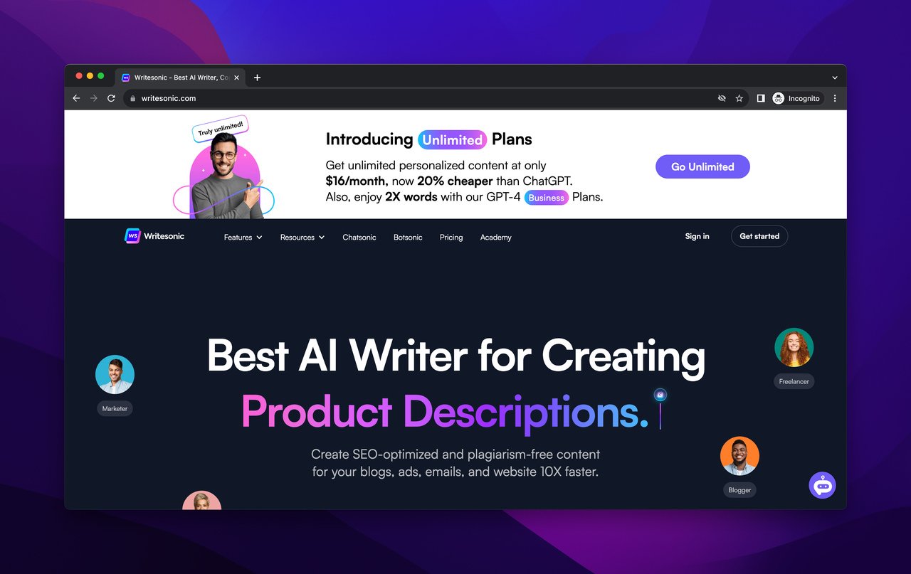 the homepage of Writesonic, which is a content generation AI productivity tool