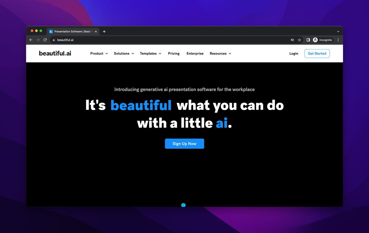 Beautiful.ai homepage with a dark background and an interactive text