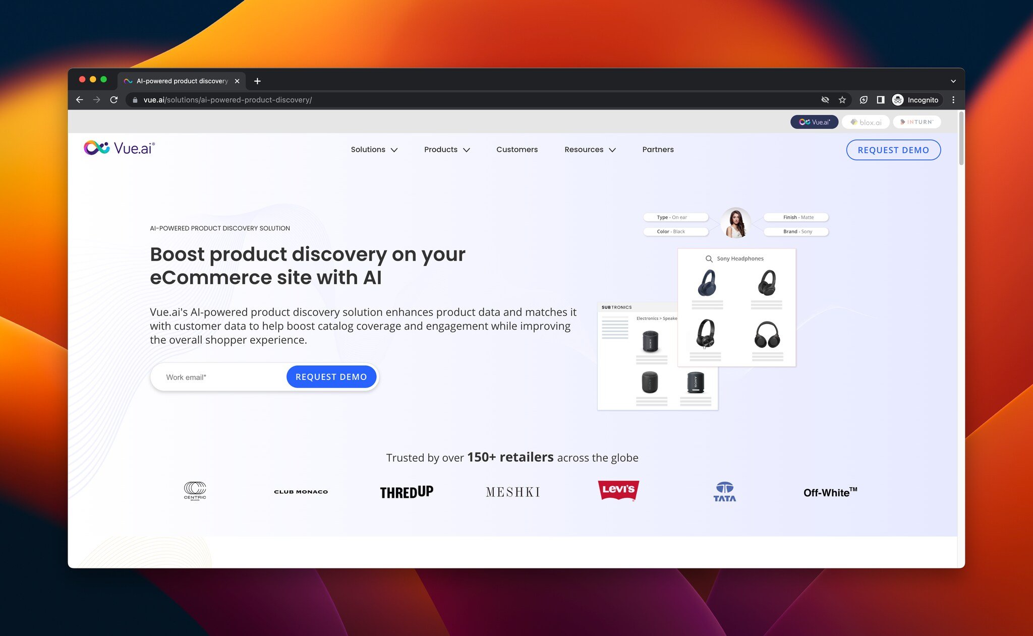 a screenshot of the landing page of Vue.ai's product-discovery, AI tool for e-commerce