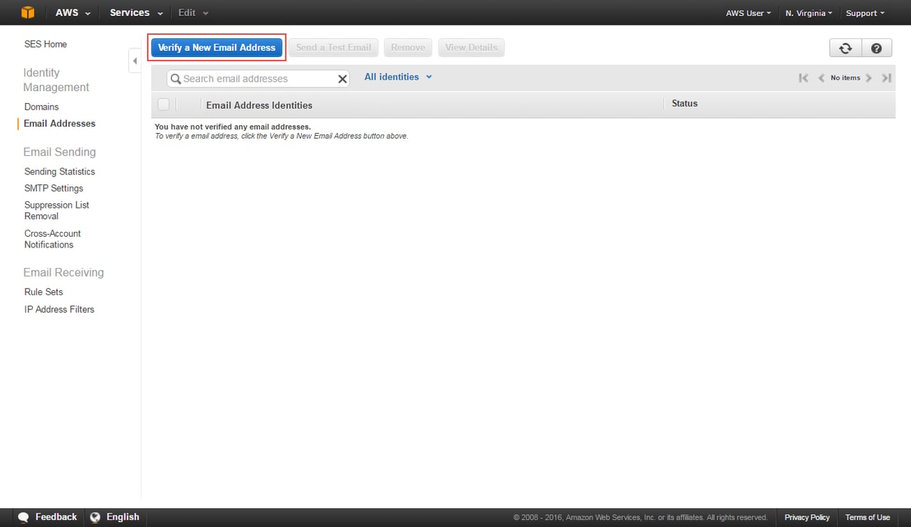 Verify a new email address example on Amazon SES Console