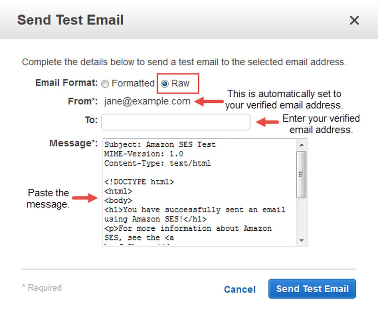 Send test mail example in Amazon SES Console.