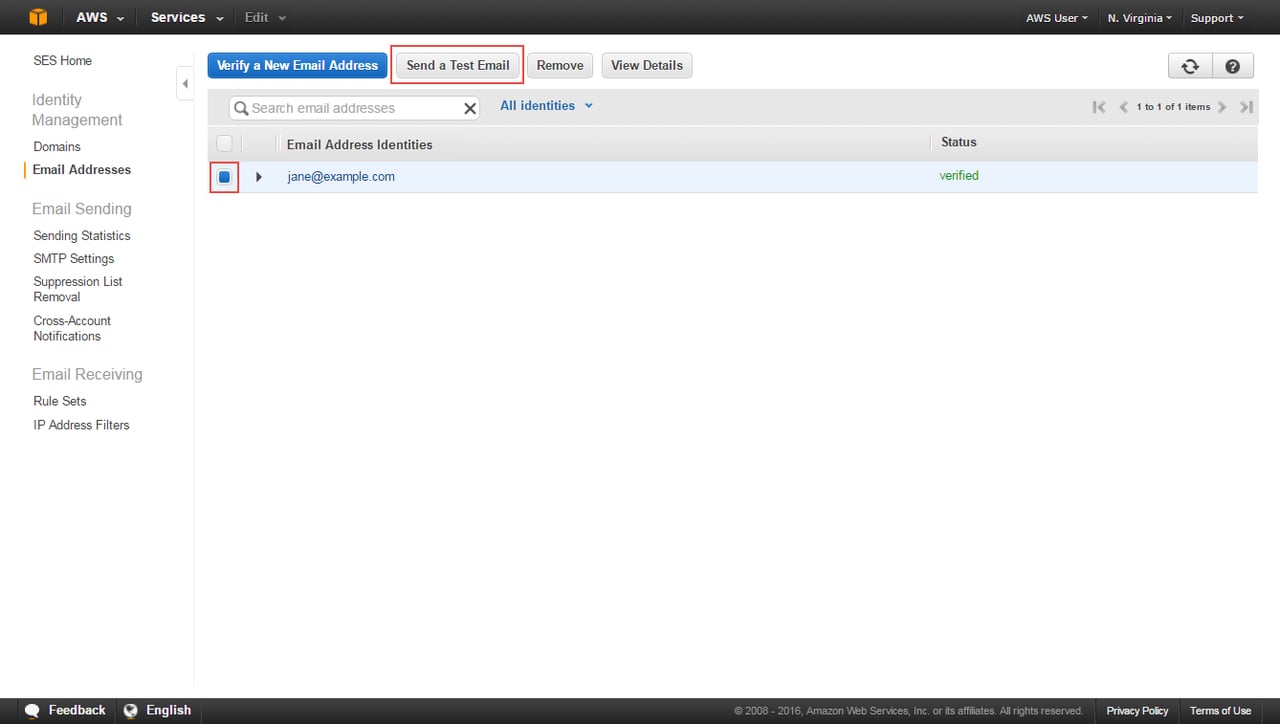 Sending a test email example in Amazon SES Console.