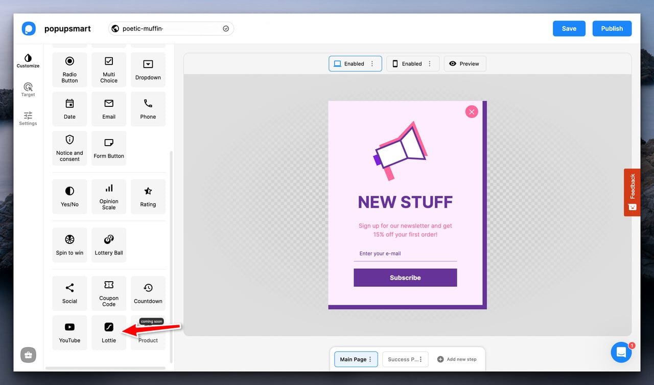 Popupsmart campaign editor with a light pink popup on the right, and on the left, there are different elements like social, phone, coupon code and lottie