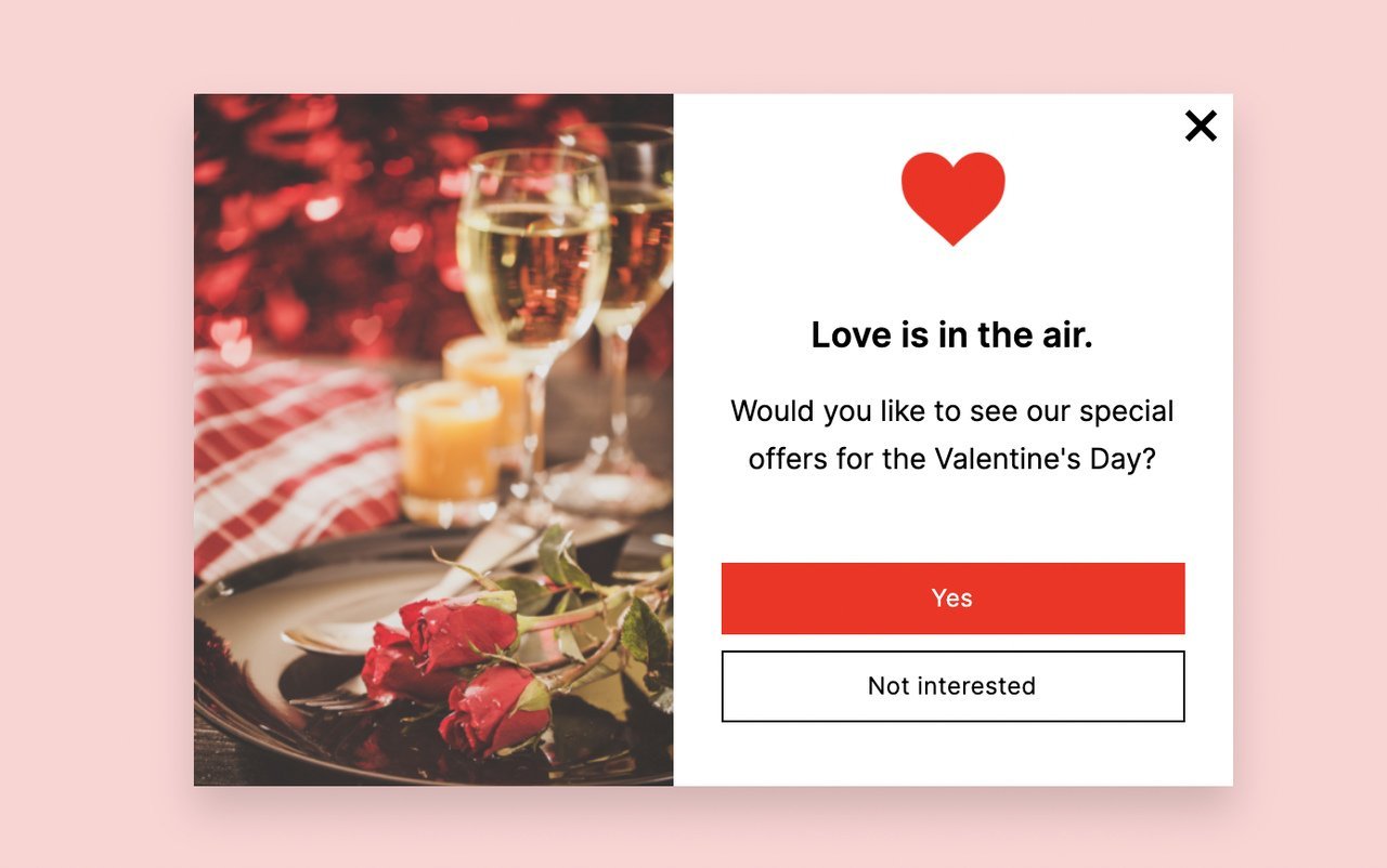 Valentine's Day popup that says "Love is in the air. Would you like to see our special offers for the Valentine's Day?"