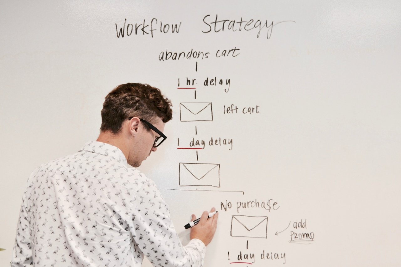 a man drawing the outline for autoresponder on whiteboard