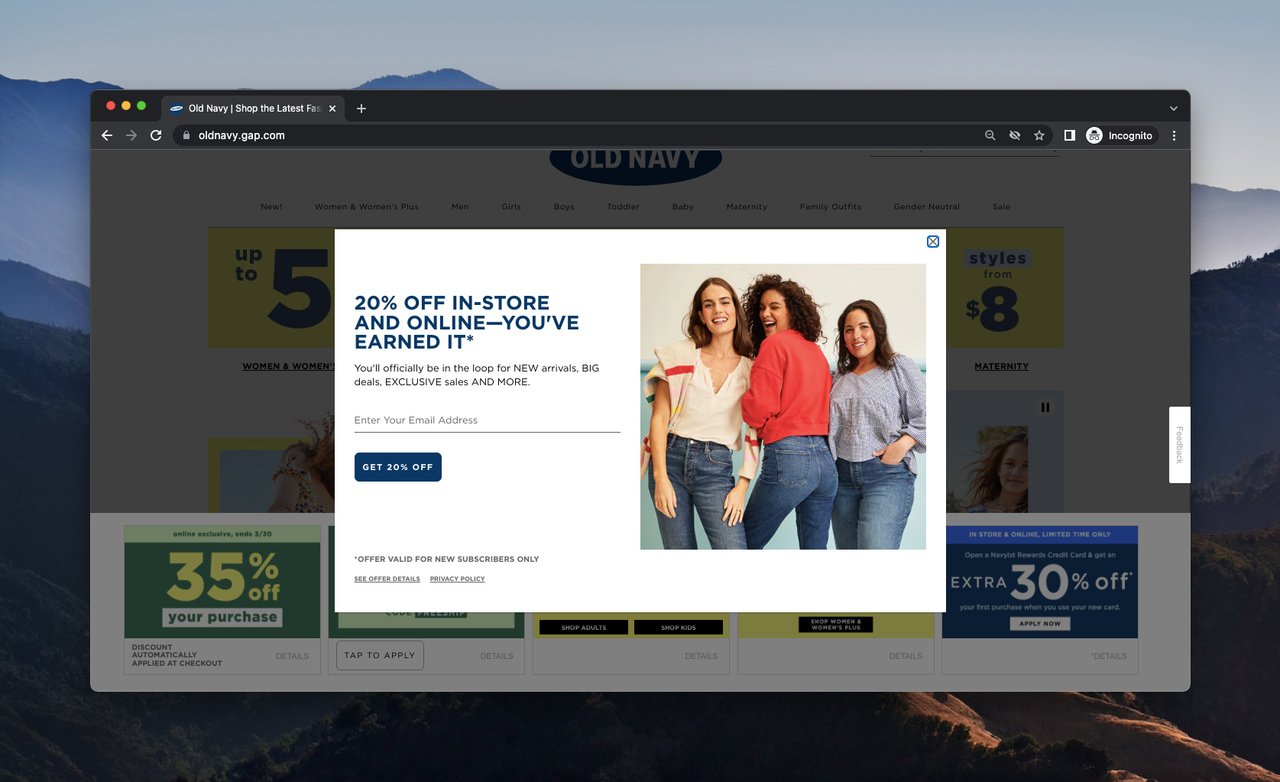 old navy's popup message example