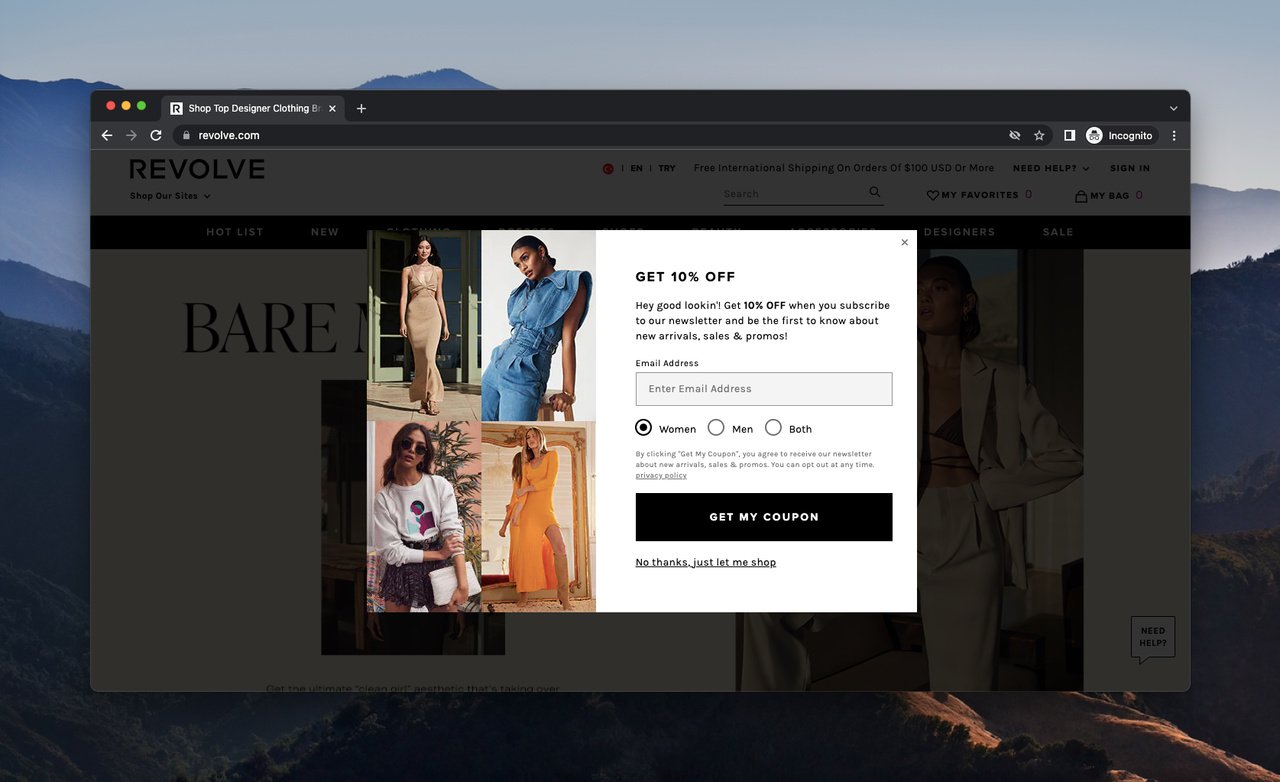 revolve's popup message example