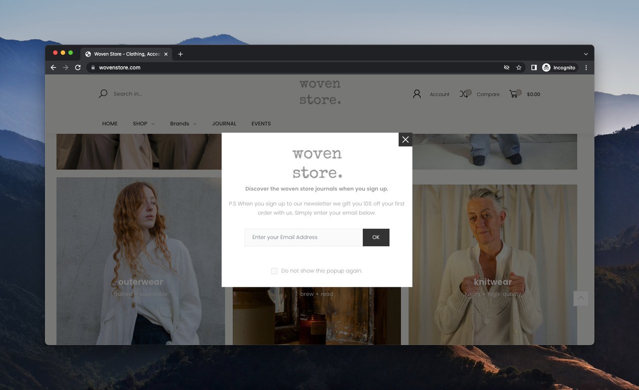 woven store's popup message example