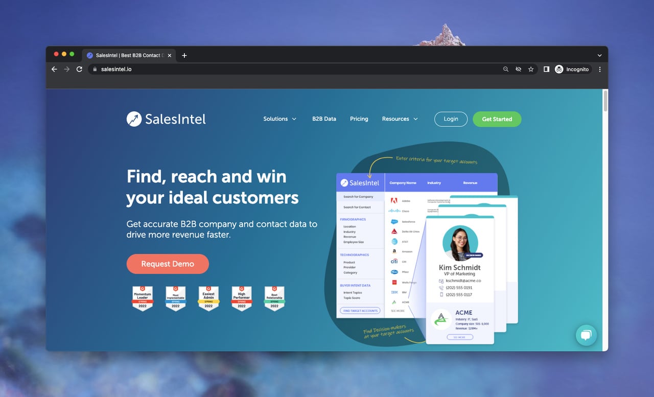 B2B data provider SalesIntel's homepage