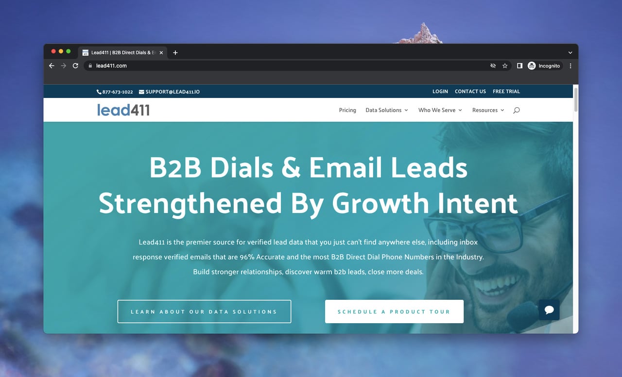 B2B data provider Lead411's landing page