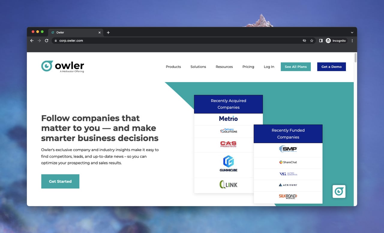 B2B data provider Owler's landing page