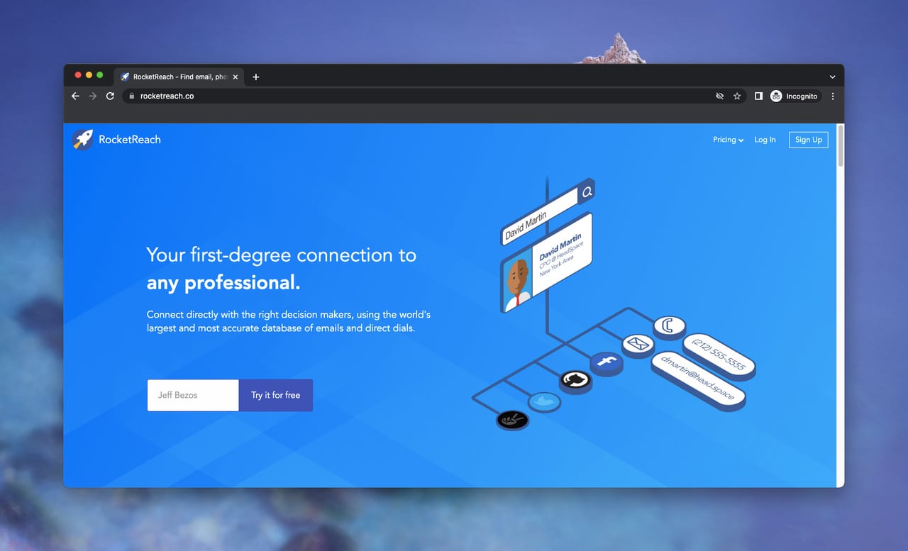 B2B data provider RocketReach's landing page