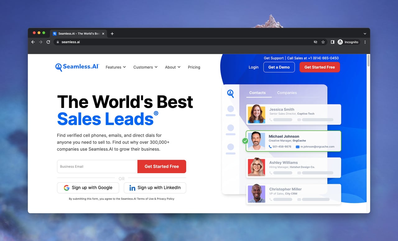B2B data provider Seamless.ai's landing page