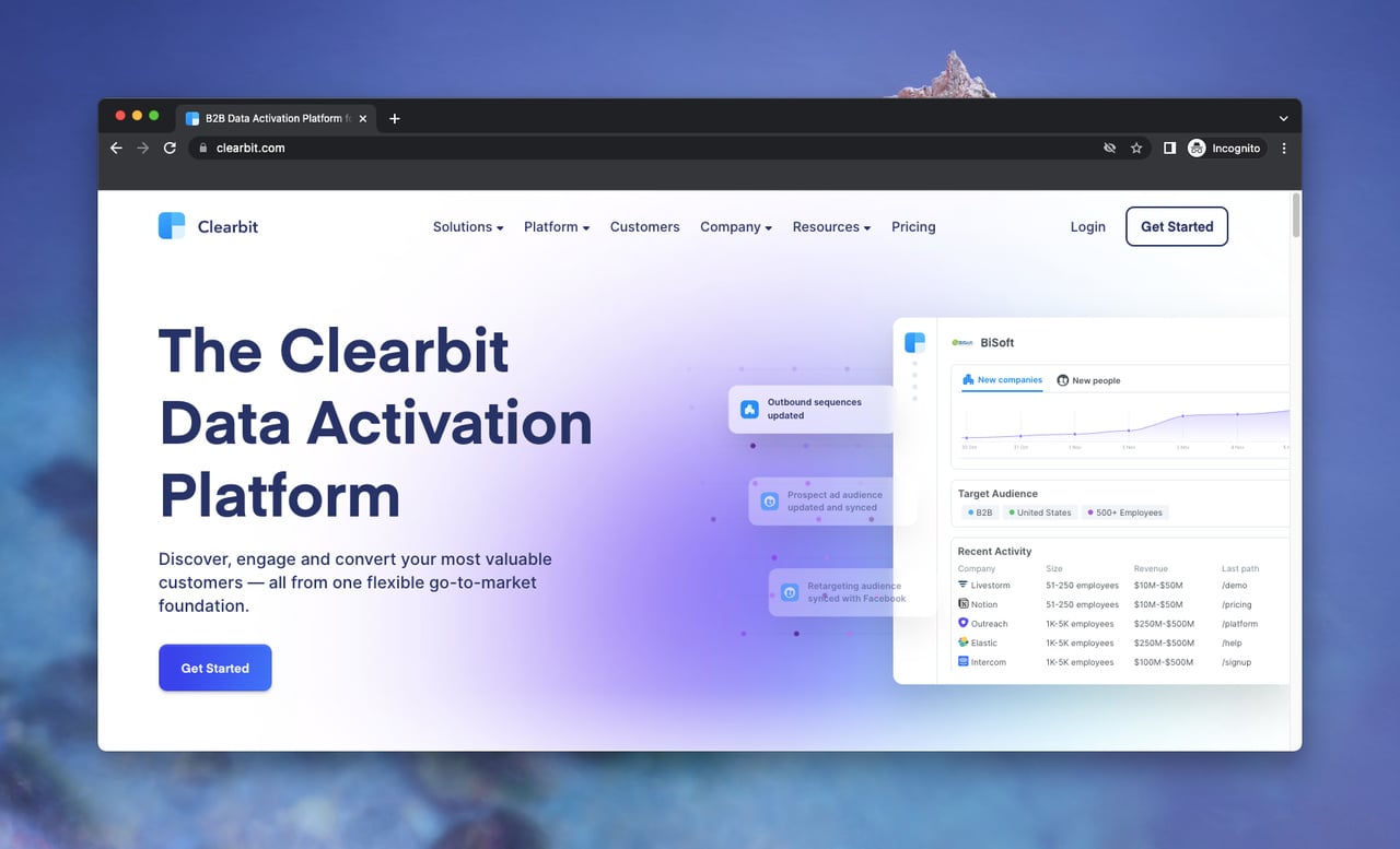 B2B data provider Clearbit's homepage