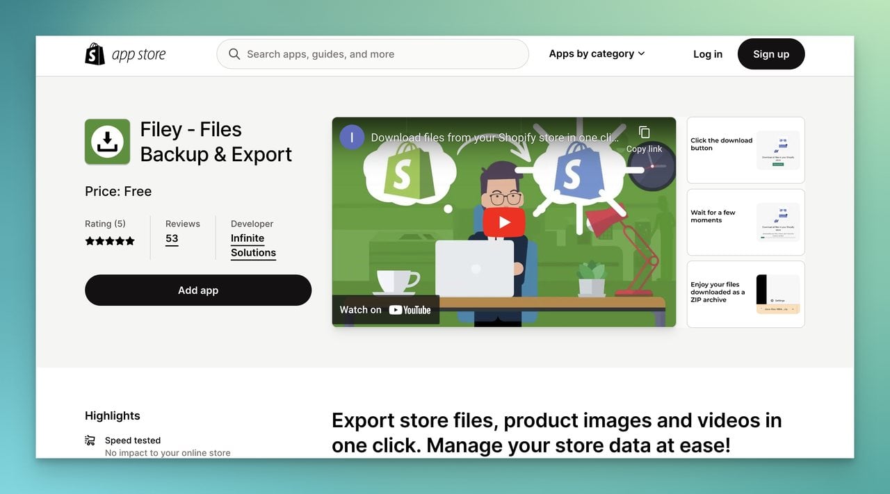 Filey Shopify Export Image tool on Shopify app store