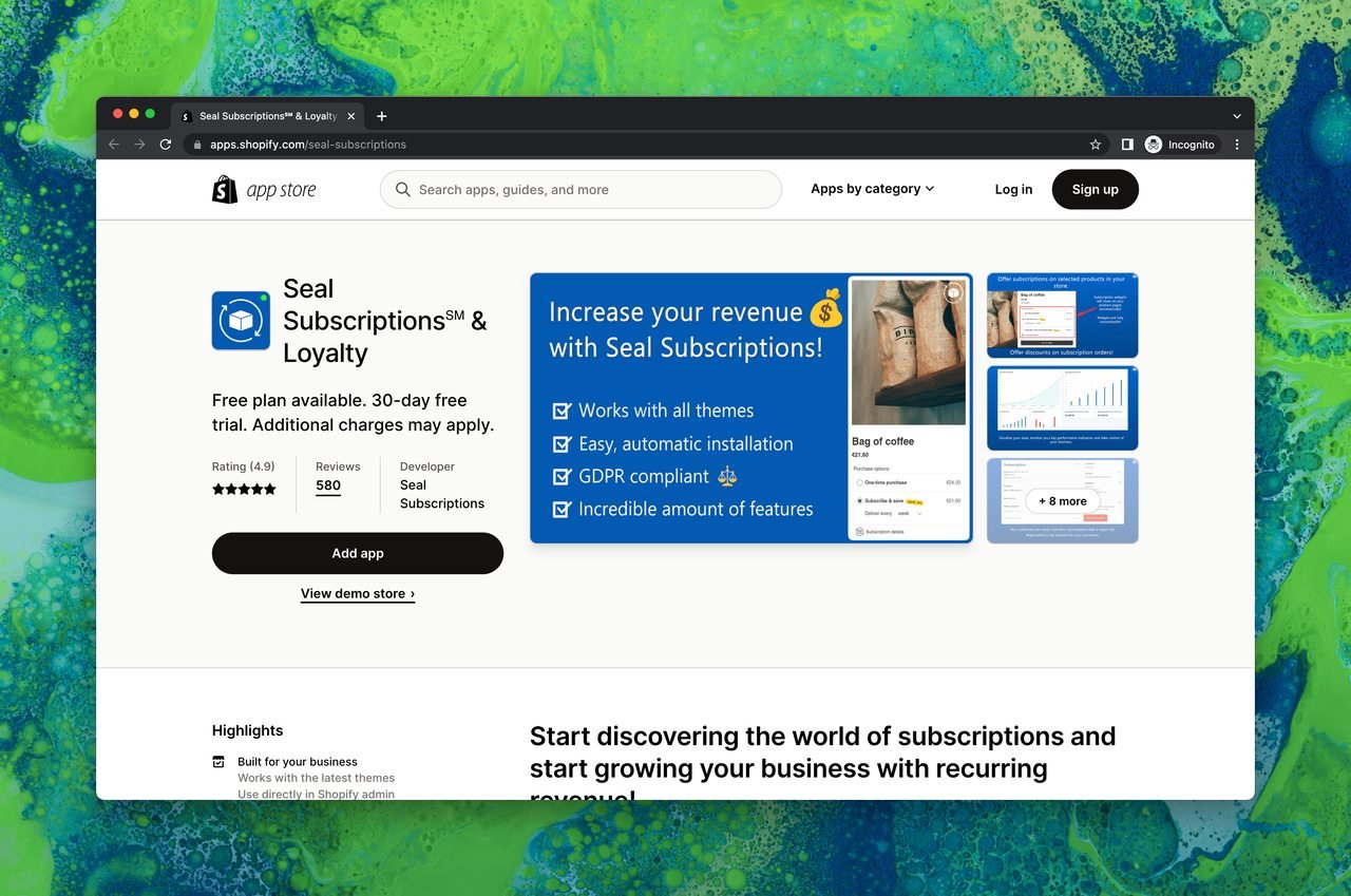 Seal Subscriptions page on Shopify app store