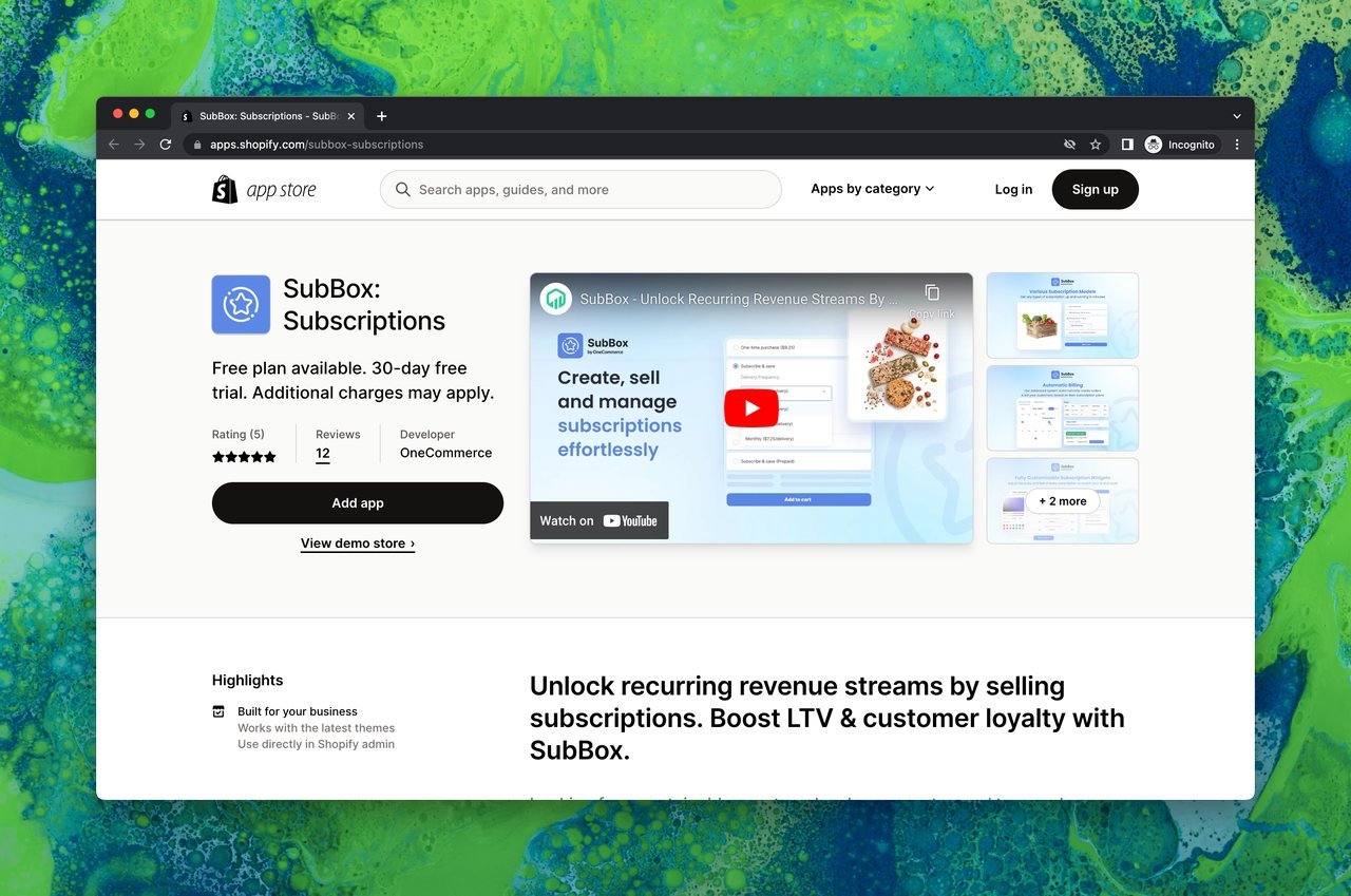 SubBox Subscriptions page on Shopify app store