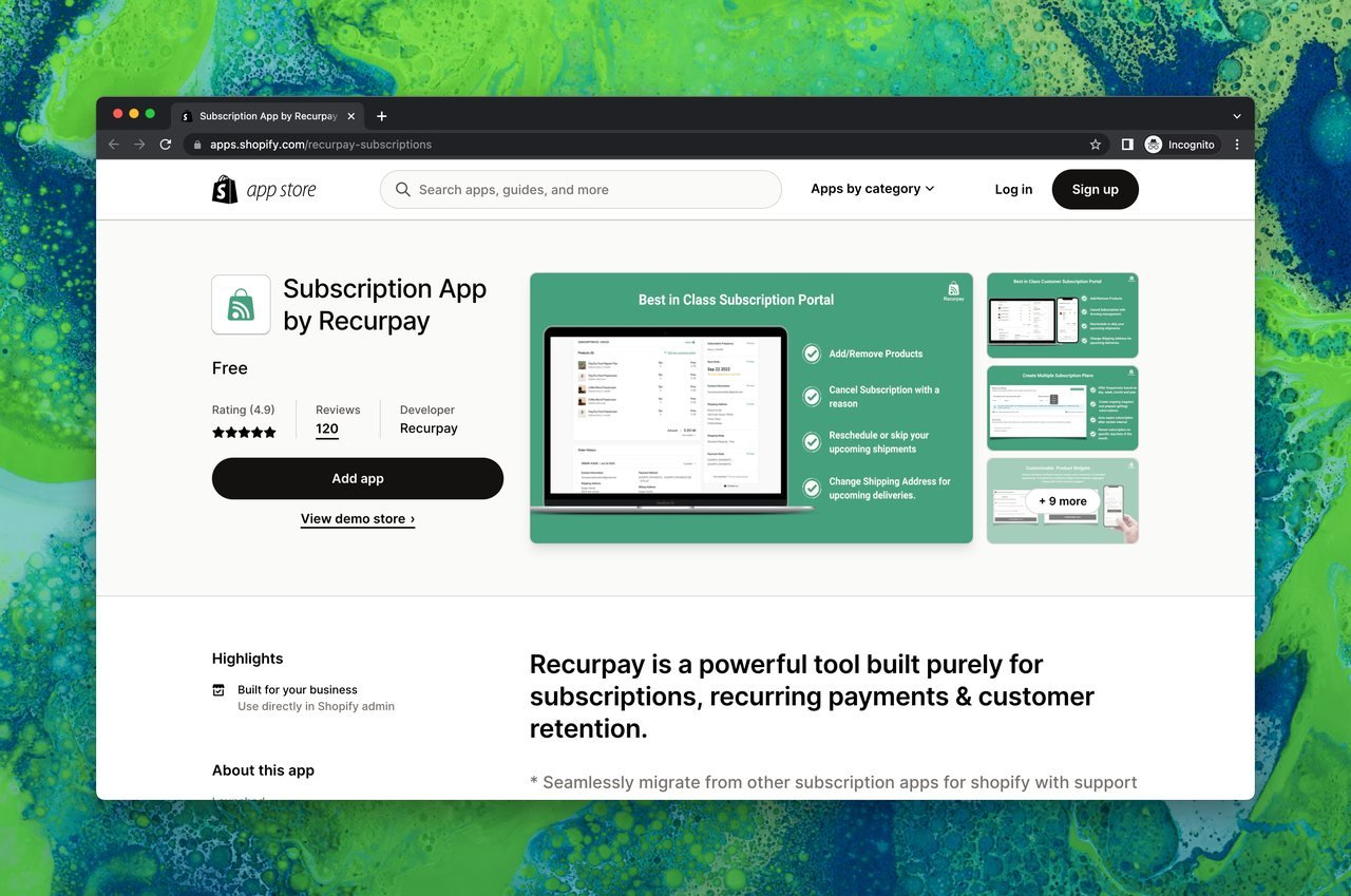 Subscription App Recurpay page on Shopify app store