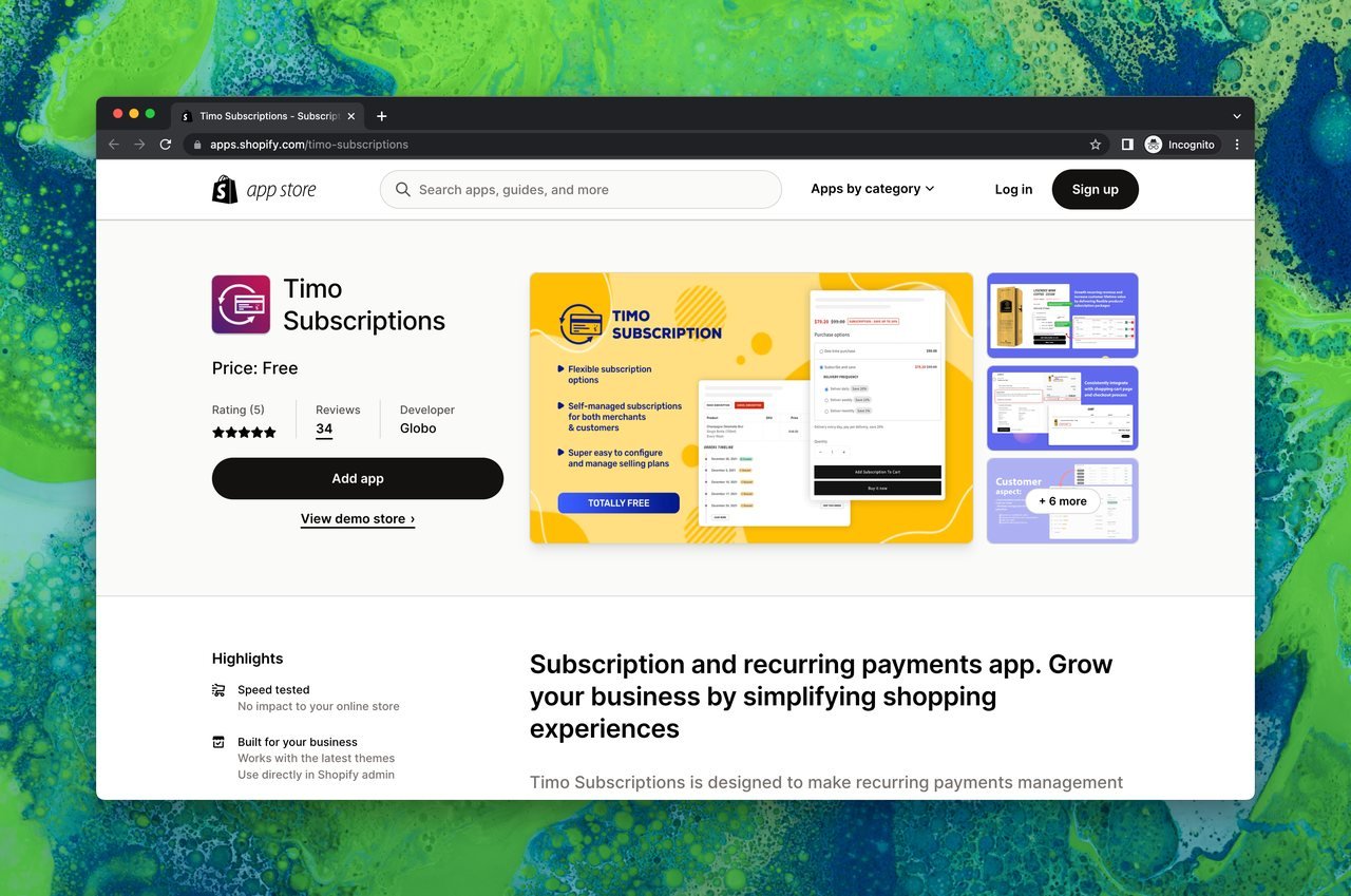 Timo Subscriptions page on Shopify app store