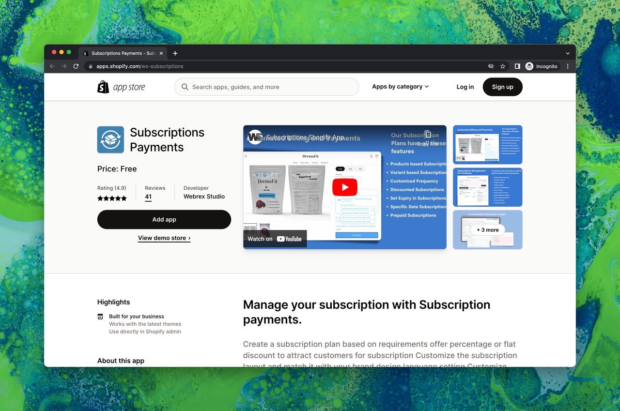 Subscriptions Payments page on Shopify app store