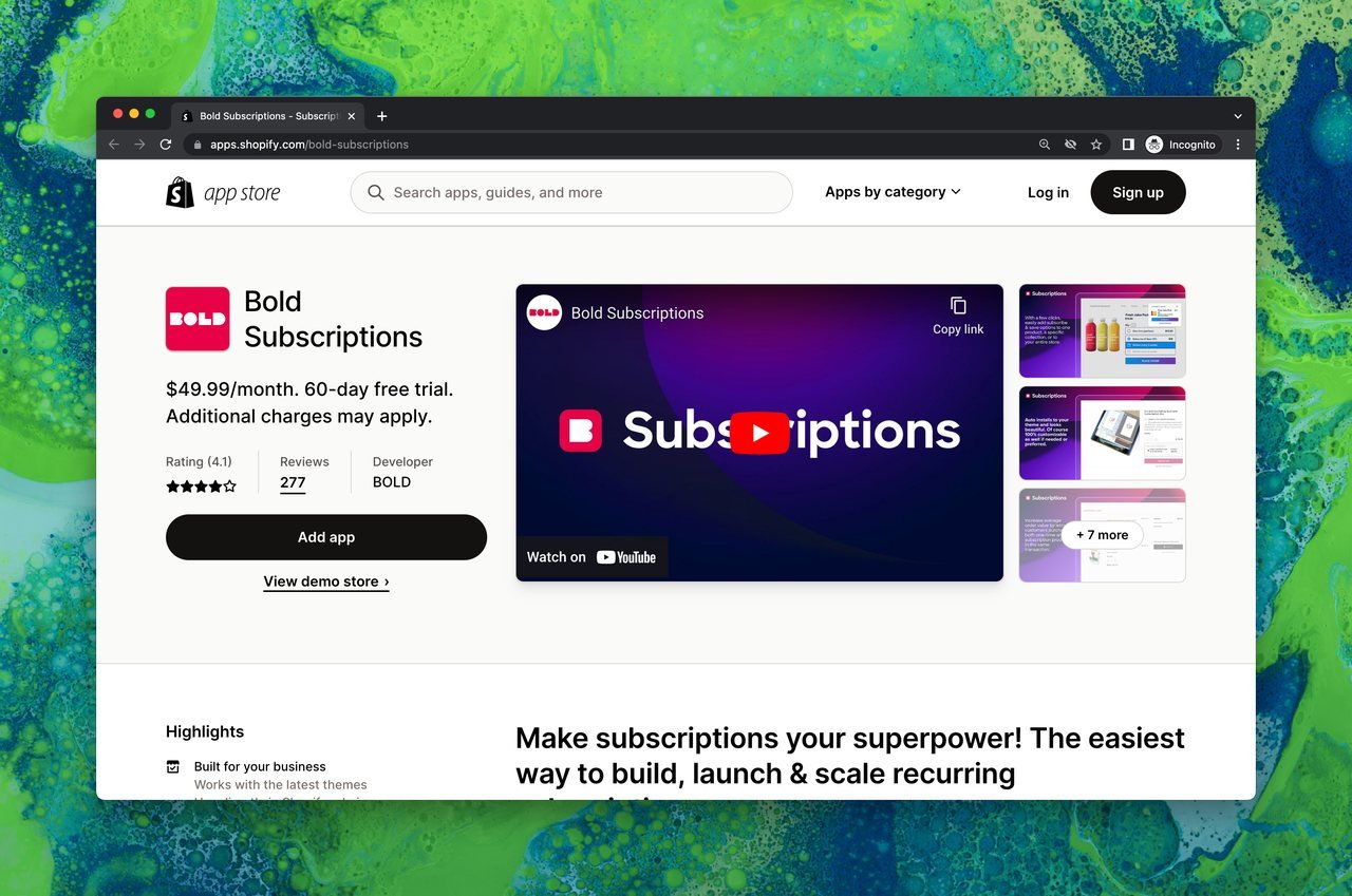 Bold Subscriptions page on Shopify app store