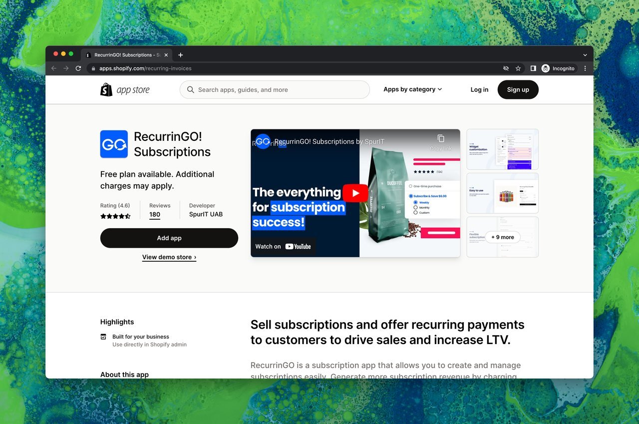 RecurrinGO Subscriptions page on Shopify app store