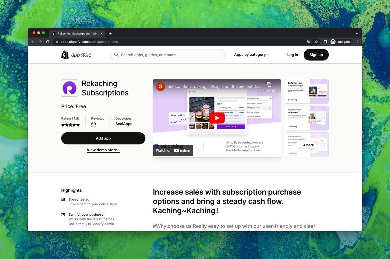 Rekaching Subscriptions page on Shopify app store