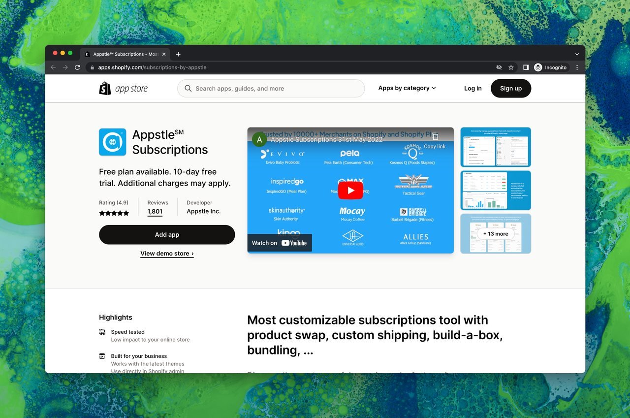 Appstle Subscriptions page on Shopify app store