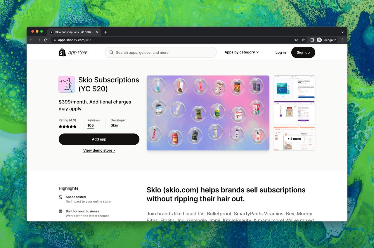 Skio Subscriptions page on Shopify app store