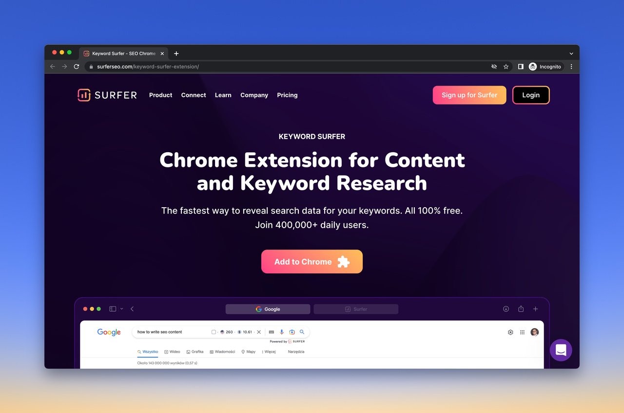 Keyword Surfer free keyword research tool homepage with a dark purple background and a title that says "Chrome Extension for Content and Keyword Research"