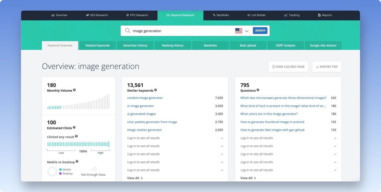 SpyFu Keyword tool example showing data for "Image generation" seed keyword