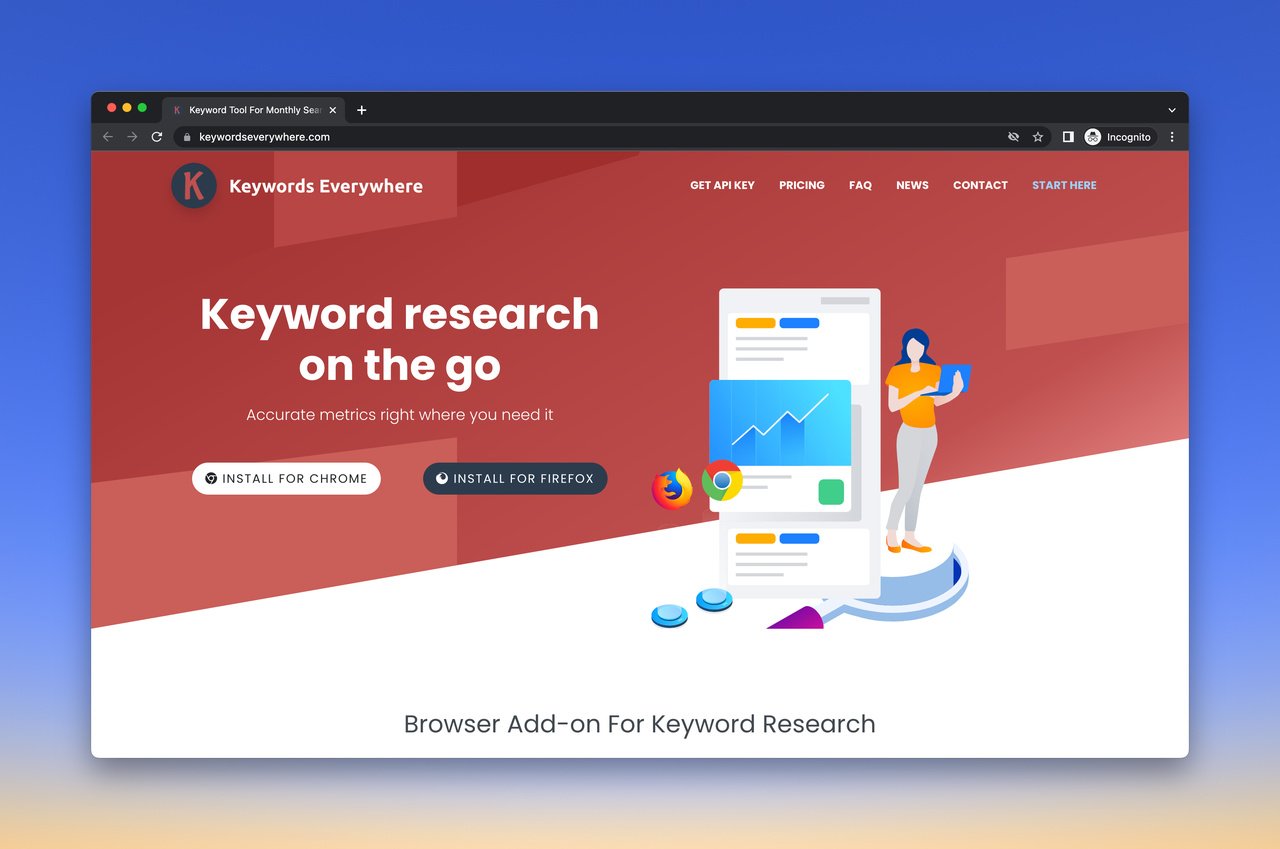 Keyword everywhere free keyword research tool homepage with a title that says "Keyword research on the go" and an illustration of woman working with a laptop standing next to the google search resault page on the left side of the picture