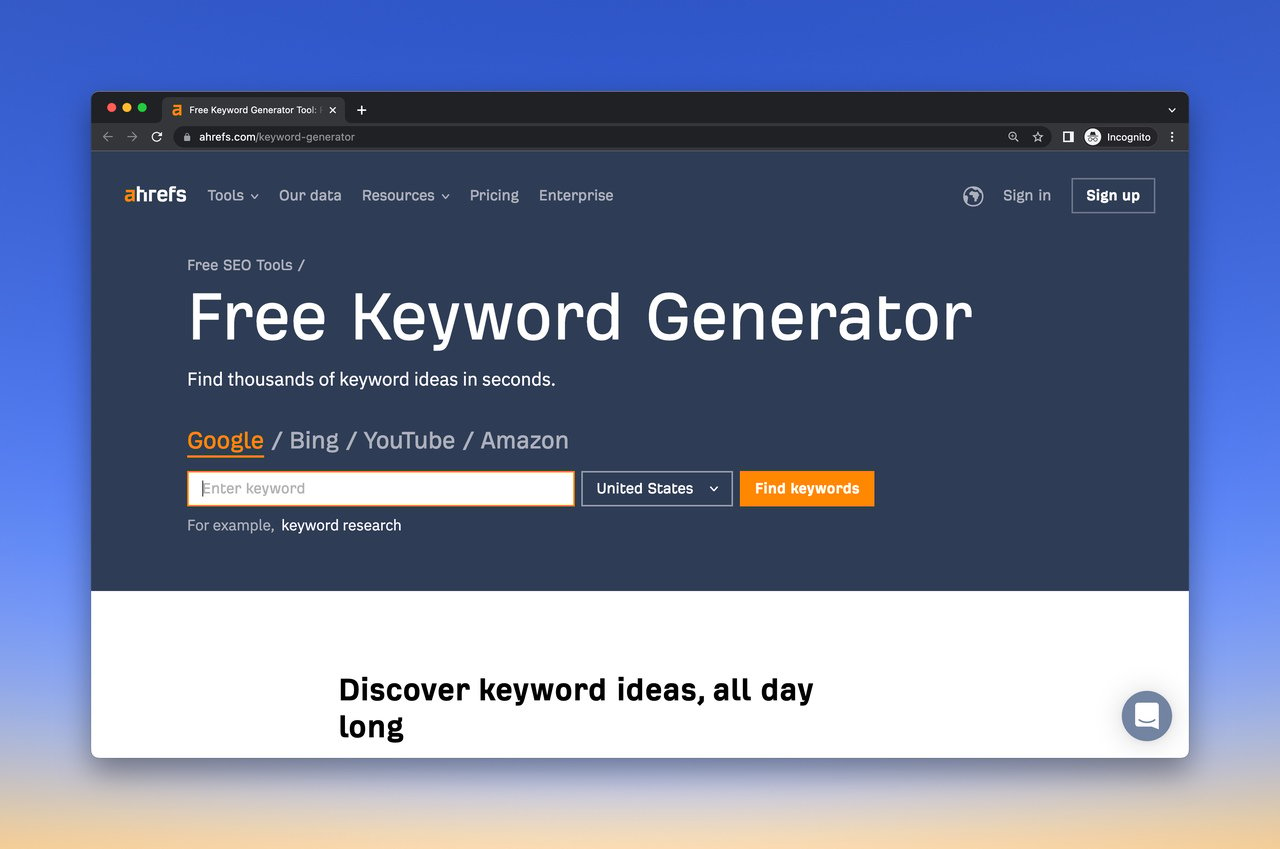 Ahrefs keyword research tool homepage with a big headline that says "Free Keyword Generator"