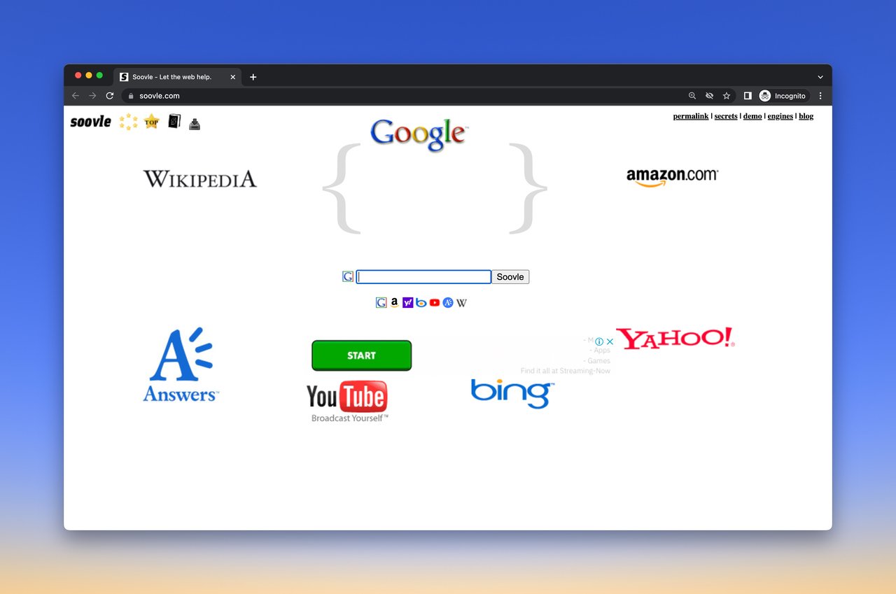 Soovlefree keyword research tool homepage displaying the logo of search engines like Yahoo, Google, Bing and platforms like Youtube, Amazon with a section looking lioke google search to add the seed keyword