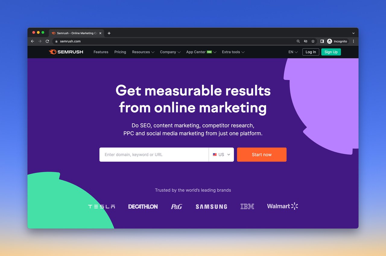 Semrush free keyword research tool homepage with a purple background and a section to enter keyword, domain or URL and an orange CTA that says "Start now"