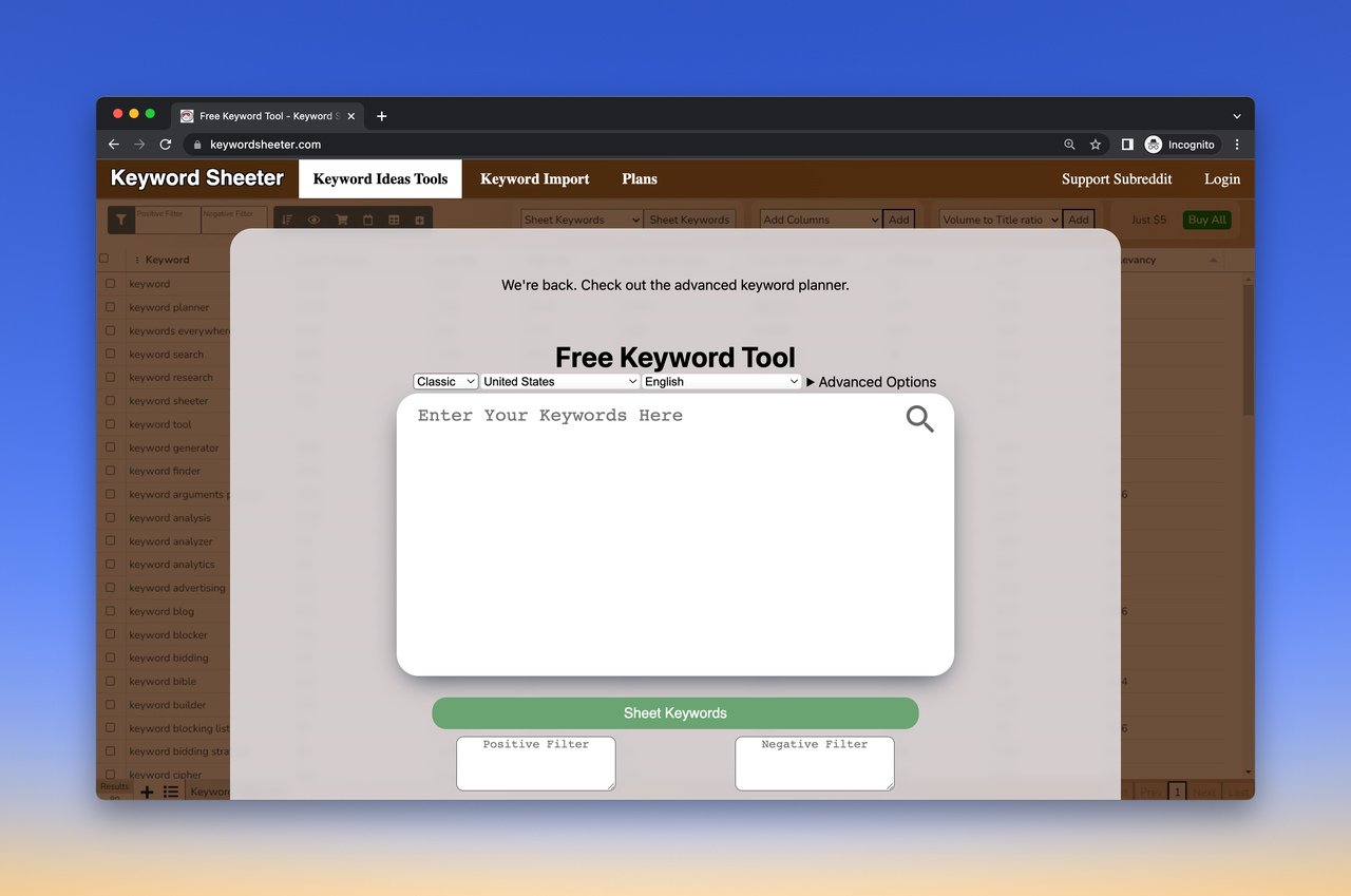 Keyword Sheeter free keyword research tool homepage showing the keyword ideas tool